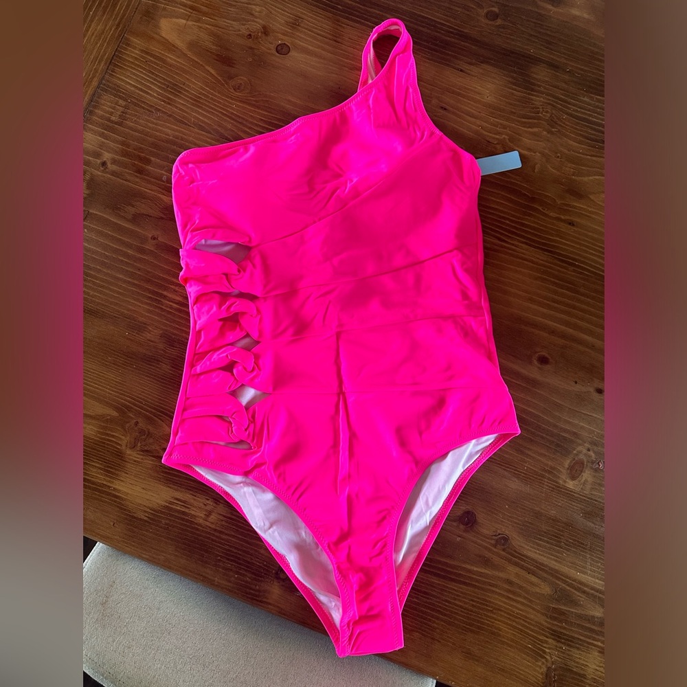 Hot pink tummy control one shoulder bathing suit